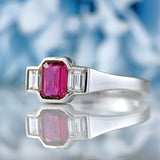 Ellibelle Jewellery Vintage Emerald-Cut Ruby & Baguette Diamond 18ct White Gold Three-Stone Ring