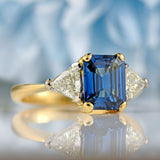 Ellibelle Jewellery Vintage Emerald-Cut Sapphire & Trillion-Cut Diamond 18ct Gold Three-Stone Ring
