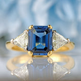 Ellibelle Jewellery Vintage Emerald-Cut Sapphire & Trillion-Cut Diamond 18ct Gold Three-Stone Ring