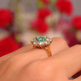 Ellibelle Jewellery Vintage Emerald & Diamond 18ct Gold Daisy Cluster Engagement Ring