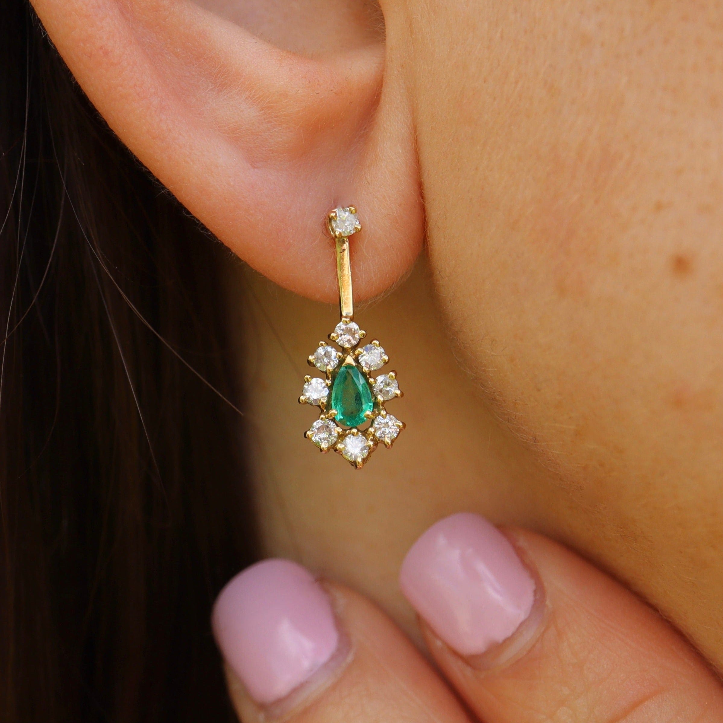 Vintage Emerald Diamond 18ct Gold Drop Earrings