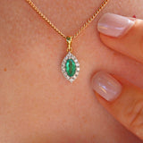 Ellibelle Jewellery Vintage Emerald & Diamond 18ct Gold Marquise Cluster Pendant Necklace