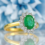 Ellibelle Jewellery Vintage Emerald & Diamond 18ct Gold Oval Cluster Engagement Ring