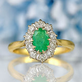 Ellibelle Jewellery Vintage Emerald & Diamond 18ct Gold Oval Cluster Ring