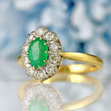 Ellibelle Jewellery Vintage Emerald & Diamond 18ct Gold Oval Cluster Ring
