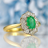Ellibelle Jewellery Vintage Emerald & Diamond 18ct Gold Oval Cluster Ring