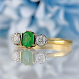 Ellibelle Jewellery Vintage Emerald & Diamond 18ct Gold Three-Stone Engagement Ring (c.1950)