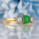 Ellibelle Jewellery Vintage Emerald & Diamond 18ct Gold Three-Stone Engagement Ring (c.1950)