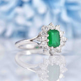 Ellibelle Jewellery Vintage Emerald & Diamond 18ct White Gold Cluster Engagement Ring