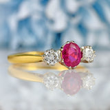 Ellibelle Jewellery Vintage Natural Ruby & Diamond 18ct Gold Three-Stone Engagement Ring