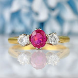 Ellibelle Jewellery Vintage Natural Ruby & Diamond 18ct Gold Three-Stone Engagement Ring