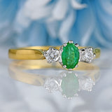 Ellibelle Jewellery Vintage Oval-Cut Emerald & Diamond 18ct Gold Three-Stone Ring