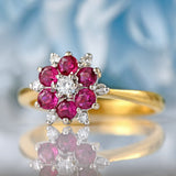 Ellibelle Jewellery Vintage Ruby & Diamond 18ct Gold Daisy Cluster Ring