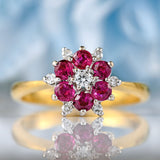 Ellibelle Jewellery Vintage Ruby & Diamond 18ct Gold Daisy Cluster Ring