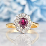 Ellibelle Jewellery Vintage Ruby & Diamond 18ct Gold Platinum Oval Cluster Ring (0.80ct)