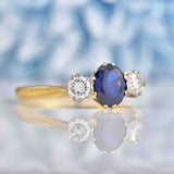 Ellibelle Jewellery Vintage Sapphire & Diamond 18ct Gold Three Stone Trilogy Engagement Ring