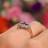 Ellibelle Jewellery Vintage Step-Cut Sapphire & Diamond 18ct Gold Triple-Cluster Ring
