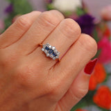 Ellibelle Jewellery Vintage Step-Cut Sapphire & Diamond 18ct Gold Triple-Cluster Ring
