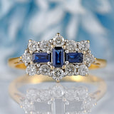 Ellibelle Jewellery Vintage Step-Cut Sapphire & Diamond 18ct Gold Triple-Cluster Ring