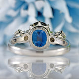 Ellibelle Jewellery Vintage Teal Blue Sapphire & Diamond 18ct White Gold Three-Stone Engagement Ring