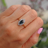 Ellibelle Jewellery Vintage Teal Sapphire & Diamond 18ct Gold Marquise Cluster Ring