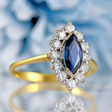 Ellibelle Jewellery Vintage Teal Sapphire & Diamond 18ct Gold Marquise Cluster Ring