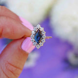 Ellibelle Jewellery Vintage Teal Sapphire & Diamond 18ct Gold Marquise Cluster Ring