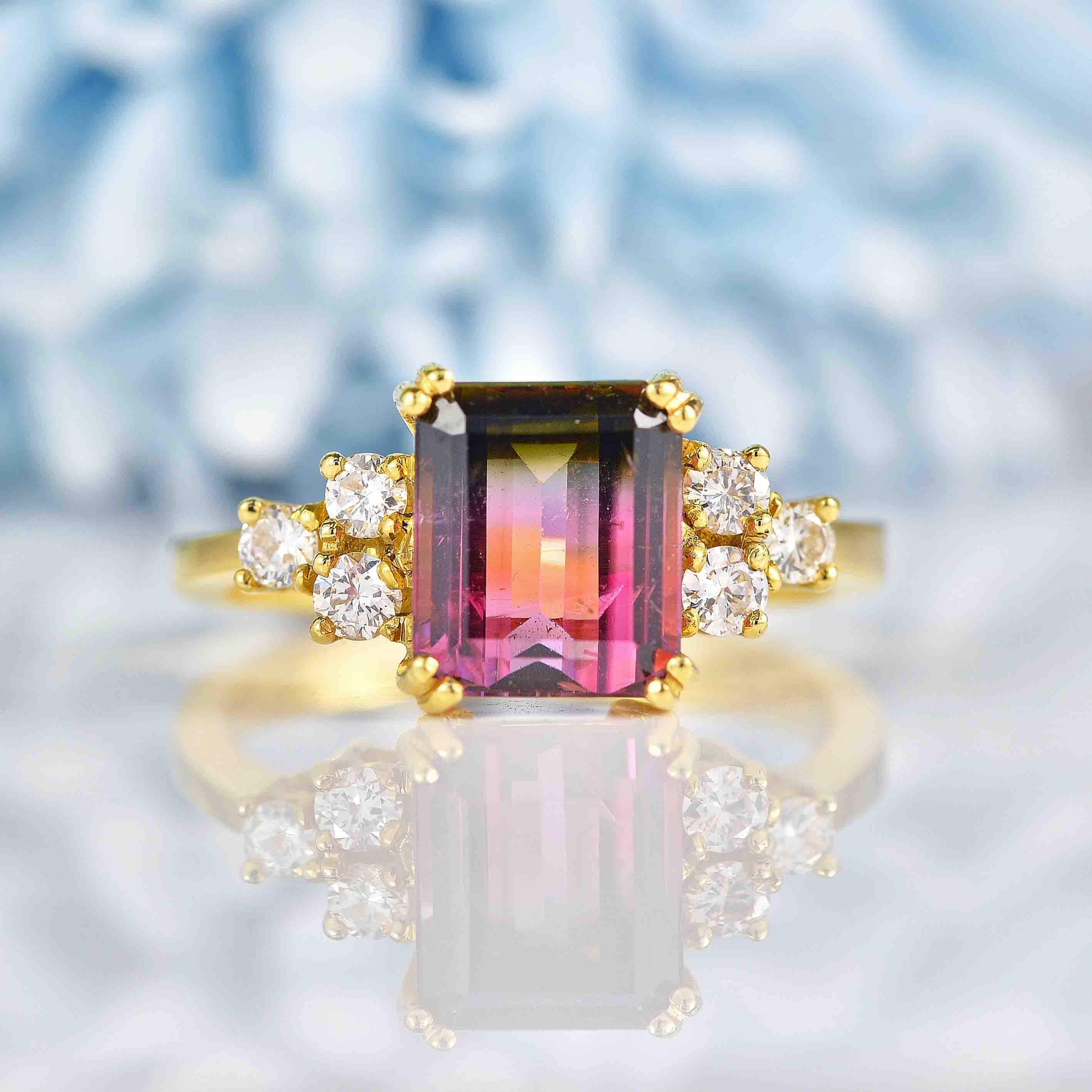 Vintage Watermelon Tourmaline Diamond 18ct Gold Ring - Main Image