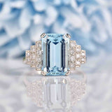 Ellibelle Jewellery Art Deco 1920s Style Aquamarine & Diamond Platinum Engegement Ring