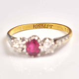 Ellibelle Jewellery Art Deco 1930s Ruby & Diamond 18ct Gold Three Stone Ring
