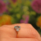 Ellibelle Jewellery Art Deco Aquamarine & Diamond 18ct Gold Three-Stone Ring