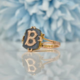 Ellibelle Jewellery ART DECO BLACK ONYX 9CT GOLD INITIAL 'B' SIGNET RING