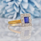 Ellibelle Jewellery Art Deco Blue Sapphire & Diamond Gold and Platinum Panel Ring