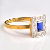 Ellibelle Jewellery Art Deco Blue Sapphire & Diamond Gold and Platinum Panel Ring