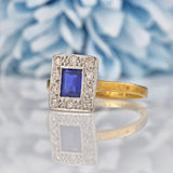 Ellibelle Jewellery Art Deco Blue Sapphire & Diamond Gold and Platinum Panel Ring