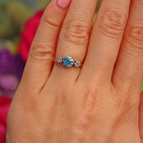 Ellibelle Jewellery Art Deco Blue Zircon & Diamond Three Stone Ring