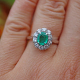 ART DECO EMERALD & DIAMOND 18CT WHITE GOLD CLUSTER RING