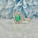 ART DECO EMERALD & DIAMOND 18CT WHITE GOLD CLUSTER RING