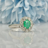 ART DECO EMERALD & DIAMOND 18CT WHITE GOLD CLUSTER RING