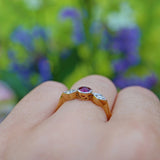 ART DECO RUBY & DIAMOND 18CT GOLD THREE STONE RING