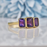 Ellibelle Jewellery Art Deco Style Amethyst 9ct Gold Three Stone Trilogy Ring