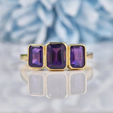Ellibelle Jewellery Art Deco Style Amethyst 9ct Gold Three Stone Trilogy Ring