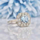 Ellibelle Jewellery Art Deco Style Aquamarine & Diamond Platinum Ring