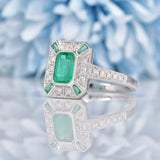 Ellibelle Jewellery Art Deco Style Emerald & Diamond White Gold Panel Ring