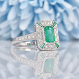 Ellibelle Jewellery Art Deco Style Emerald & Diamond White Gold Panel Ring