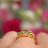 Ellibelle Jewellery Art Deco Style Peridot 9ct Gold Three Stone Trilogy Ring