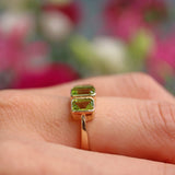 Ellibelle Jewellery Art Deco Style Peridot 9ct Gold Three Stone Trilogy Ring