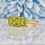 Ellibelle Jewellery Art Deco Style Peridot 9ct Gold Three Stone Trilogy Ring