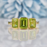 Ellibelle Jewellery Art Deco Style Peridot 9ct Gold Three Stone Trilogy Ring