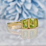 Ellibelle Jewellery Art Deco Style Peridot 9ct Gold Three Stone Trilogy Ring